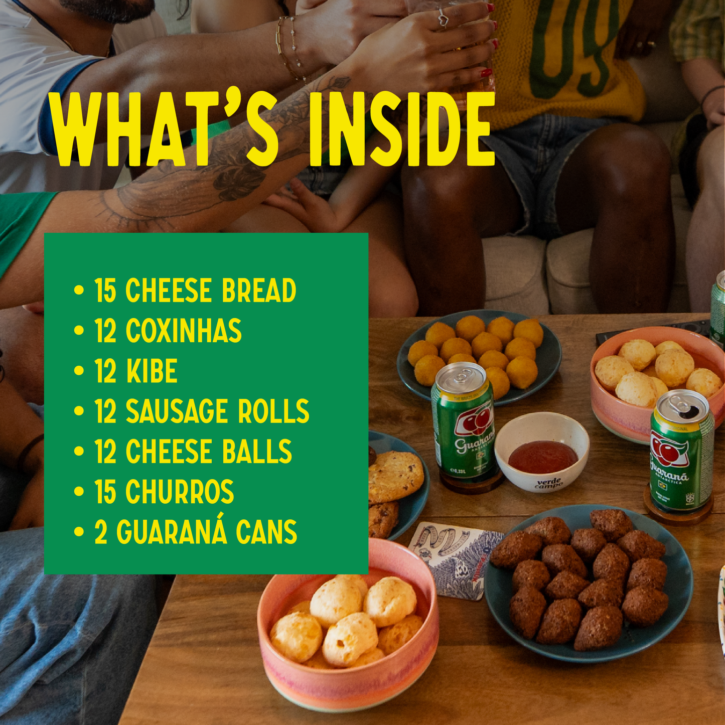 A wooden coffee table filled with bowls of prepared Brazilian party food, including golden cheese bread, kibe croquettes, and open cans of Guaraná Antarctica. A green text box lists the exact 78-piece contents of the Try-It Bundle.