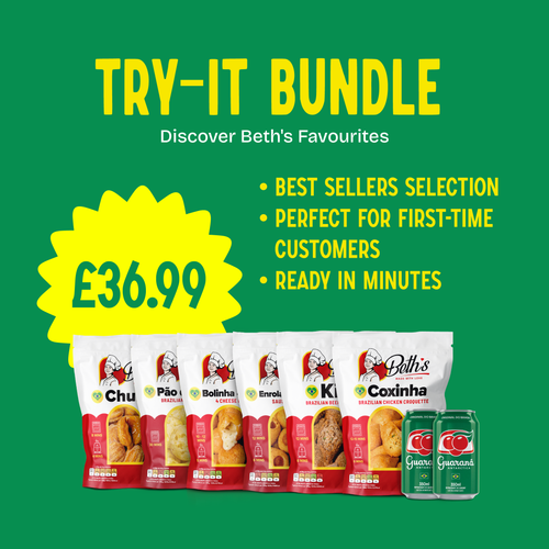 Try-It Bundle by Beth's featuring six frozen snack packets aligned: Churros, Pão de Queijo, Bolinha de Queijo, Enroladinho de Salsicha, Kibe, and Coxinha, next to two cans of Guaraná Antarctica. Marked at £36.99, perfect for first-time customers.