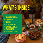 A wooden coffee table filled with bowls of prepared Brazilian party food, including golden cheese bread, kibe croquettes, and open cans of Guaraná Antarctica. A green text box lists the exact 78-piece contents of the Try-It Bundle.