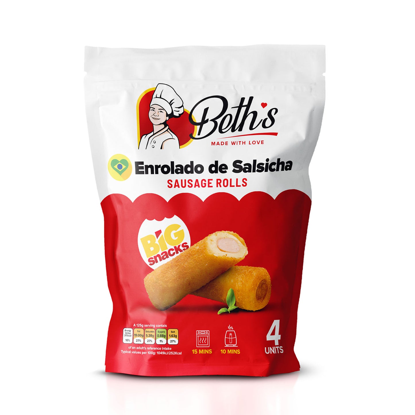 Pack of 4 large frozen Big Brazilian Sausage Rolls or Enroladinho de Salsicha by Beth's, breaded and pre-fried savoury snacks.