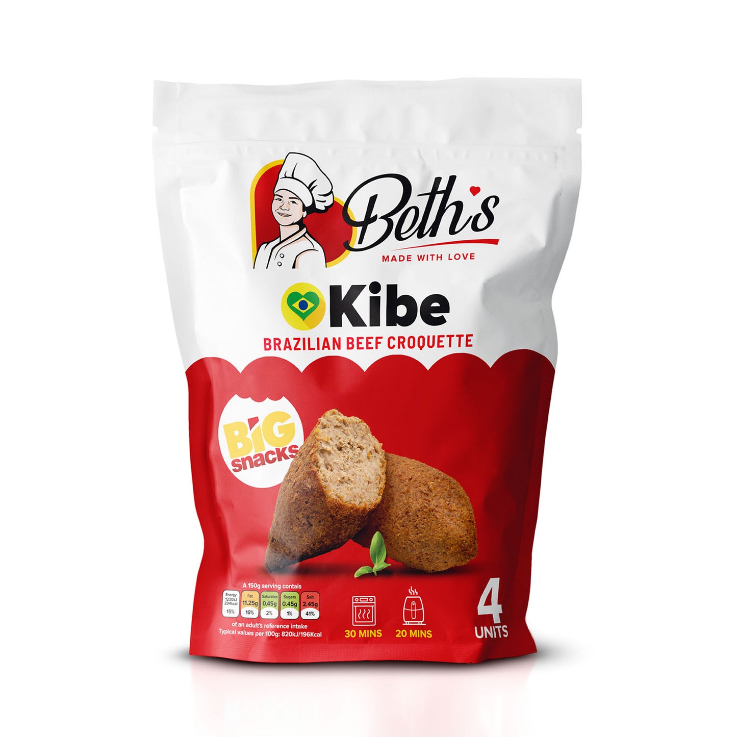 Pack of 4 large frozen Big Kibe croquettes by Beth's, traditional Brazilian beef and bulgur wheat snacks.