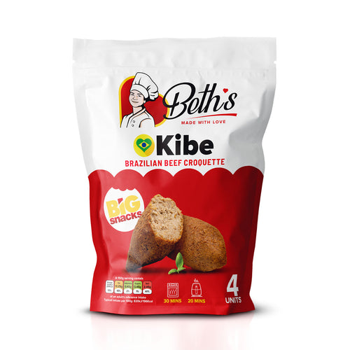 Pack of 4 large frozen Big Kibe croquettes by Beth's, traditional Brazilian beef and bulgur wheat snacks.