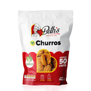 Pack of 50 frozen Brazilian churros stuffed with Dulce de Leche by Beth's, ready to heat sweet treats.