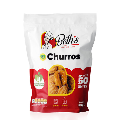 Pack of 50 frozen Brazilian churros stuffed with Dulce de Leche by Beth's, ready to heat sweet treats.