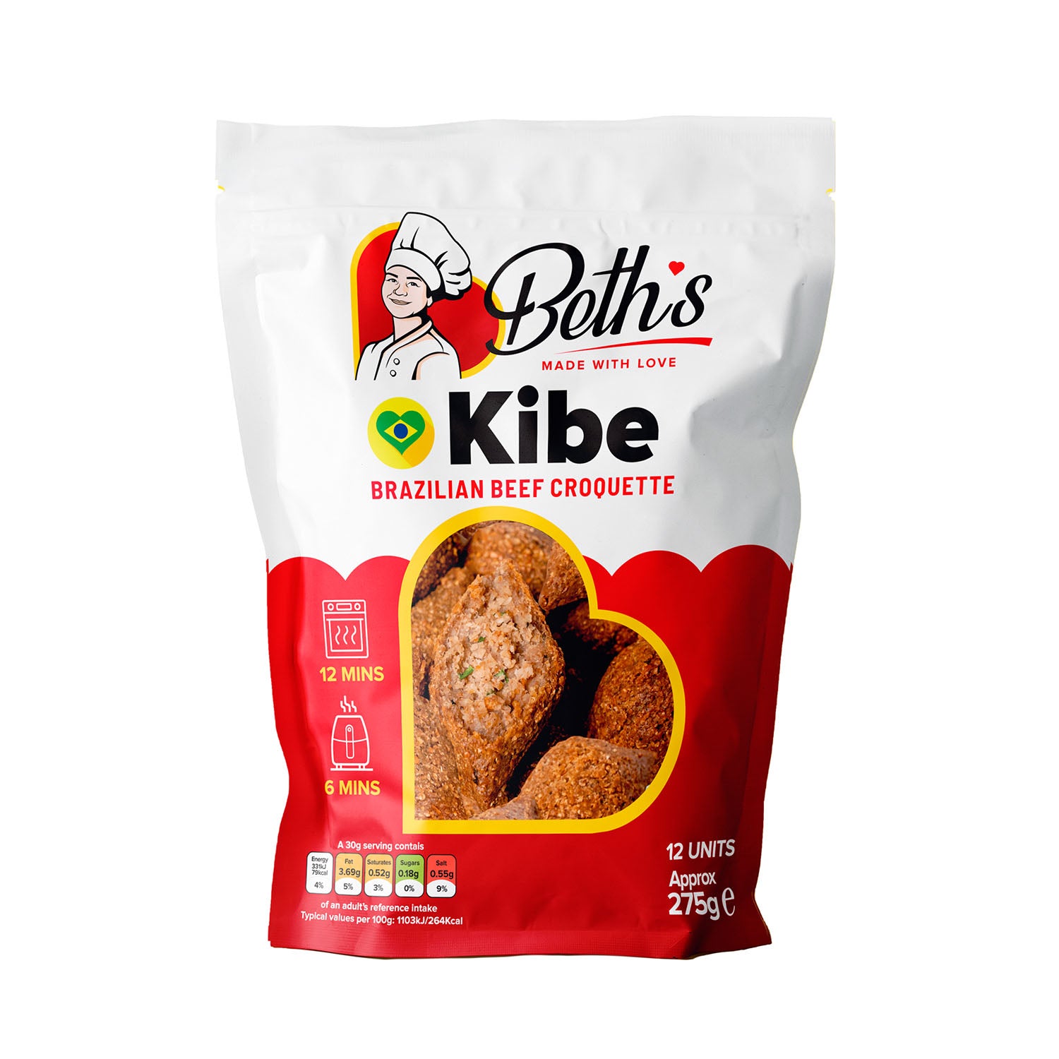 Pack of 12 frozen Brazilian kibe beef and bulgur wheat croquettes by Beth's, authentic spiced party snacks.