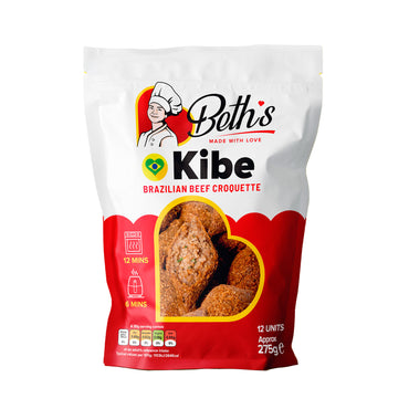 Pack of 12 frozen Brazilian kibe beef and bulgur wheat croquettes by Beth's, authentic spiced party snacks.