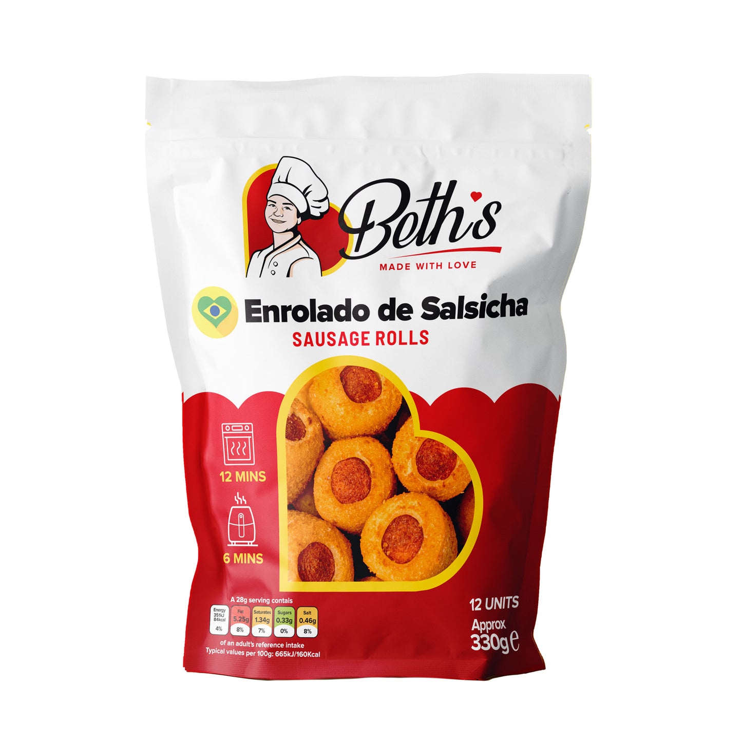 Pack of 12 frozen Brazilian sausage rolls or Enroladinho de Salsicha by Beth's, authentic crispy breaded pork snacks.