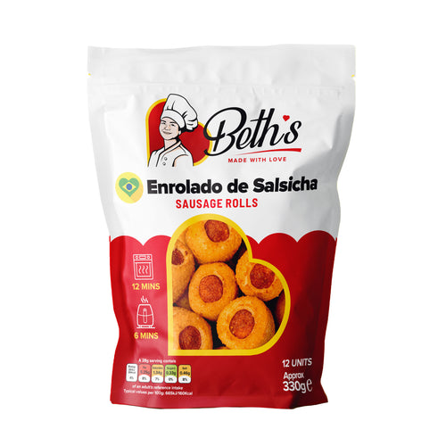 Pack of 12 frozen Brazilian sausage rolls or Enroladinho de Salsicha by Beth's, authentic crispy breaded pork snacks.