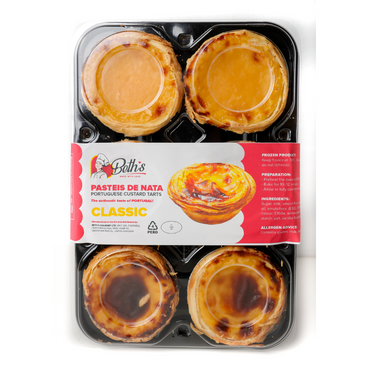 Classic Pastel de Nata six pack box of frozen authentic Portuguese custard tarts by Beth's showing a golden crispy pastry shell with a caramelised custard centre.