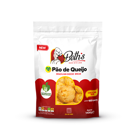 Packaging of Beth's Pão de Queijo, showing the product name and an image of the cheese bread, with the brand logo and additional product details.
