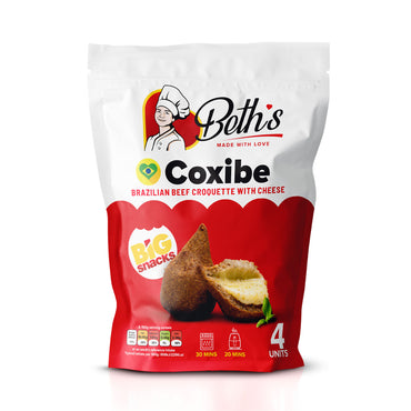 Packaging of Beth's Coxibe, which is a Brazilian beef croquette with cheese. The package is red with an illustration of the product and the brand logo.