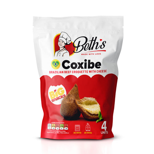 Packaging of Beth's Coxibe, which is a Brazilian beef croquette with cheese. The package is red with an illustration of the product and the brand logo.