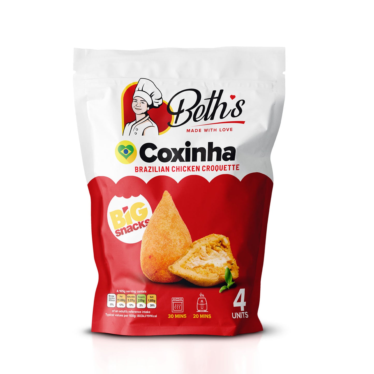 Pack of 4 large frozen chicken and creamy cheese big coxinhas Catupiry style by Beth's, authentic breaded Brazilian snacks.