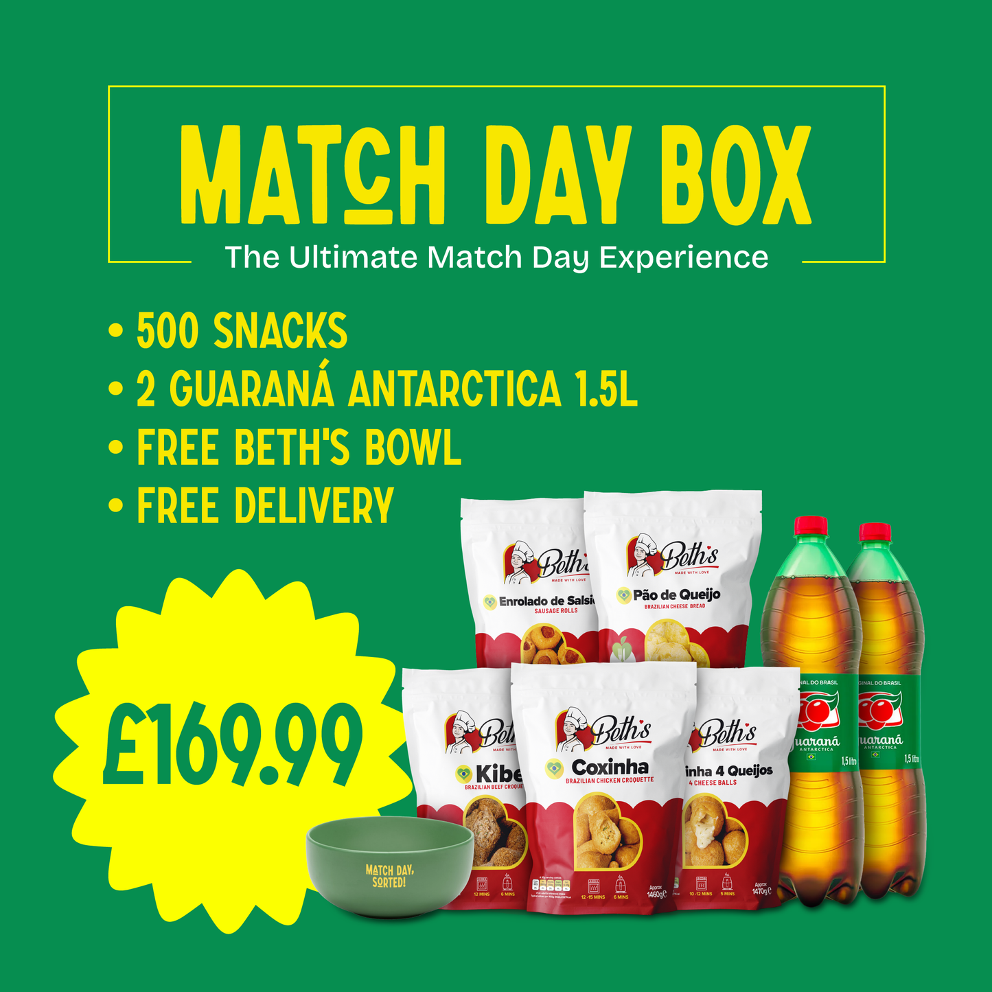 Match Day Box containing 500 Brazilian snacks like Coxinha, Pão de Queijo, and Guaraná Antarctica