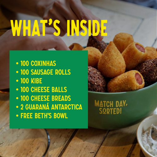 Match Day Box containing 500 Brazilian snacks like Coxinha, Pão de Queijo, and Guaraná Antarctica