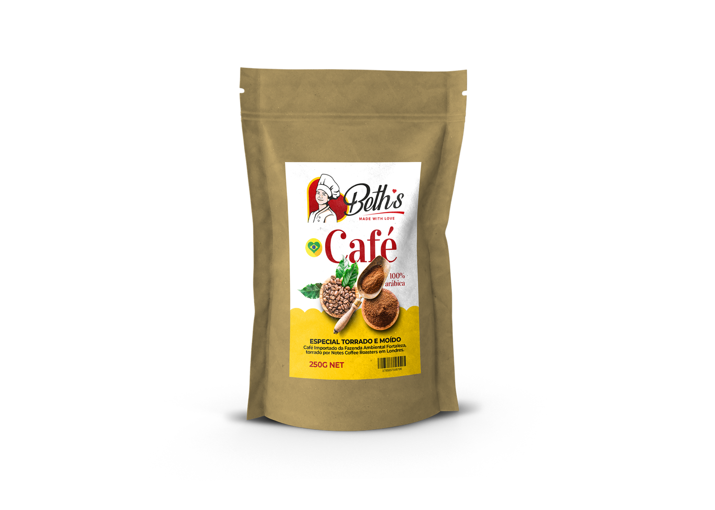 Packaging of 'Delhi's Select Brazilian Ground Coffee', showing a gold-colored pouch with a picture of coffee beans and a cup, along with text detailing the product.
