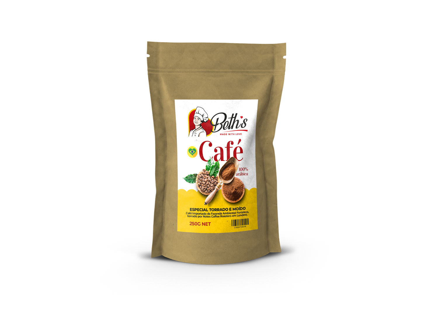 Packaging of 'Delhi's Select Brazilian Ground Coffee', showing a gold-colored pouch with a picture of coffee beans and a cup, along with text detailing the product.