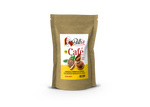 Packaging of 'Delhi's Select Brazilian Ground Coffee', showing a gold-colored pouch with a picture of coffee beans and a cup, along with text detailing the product.