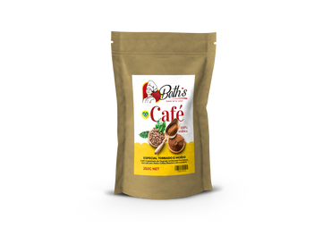 Packaging of 'Delhi's Select Brazilian Ground Coffee', showing a gold-colored pouch with a picture of coffee beans and a cup, along with text detailing the product.