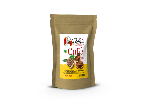 Packaging of 'Delhi's Select Brazilian Ground Coffee', showing a gold-colored pouch with a picture of coffee beans and a cup, along with text detailing the product.